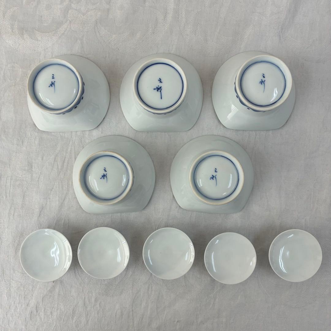 肥前皿山 三彩作 染付山水画 小蓋丼 蓋付高杯 染付の蓋椀 5客