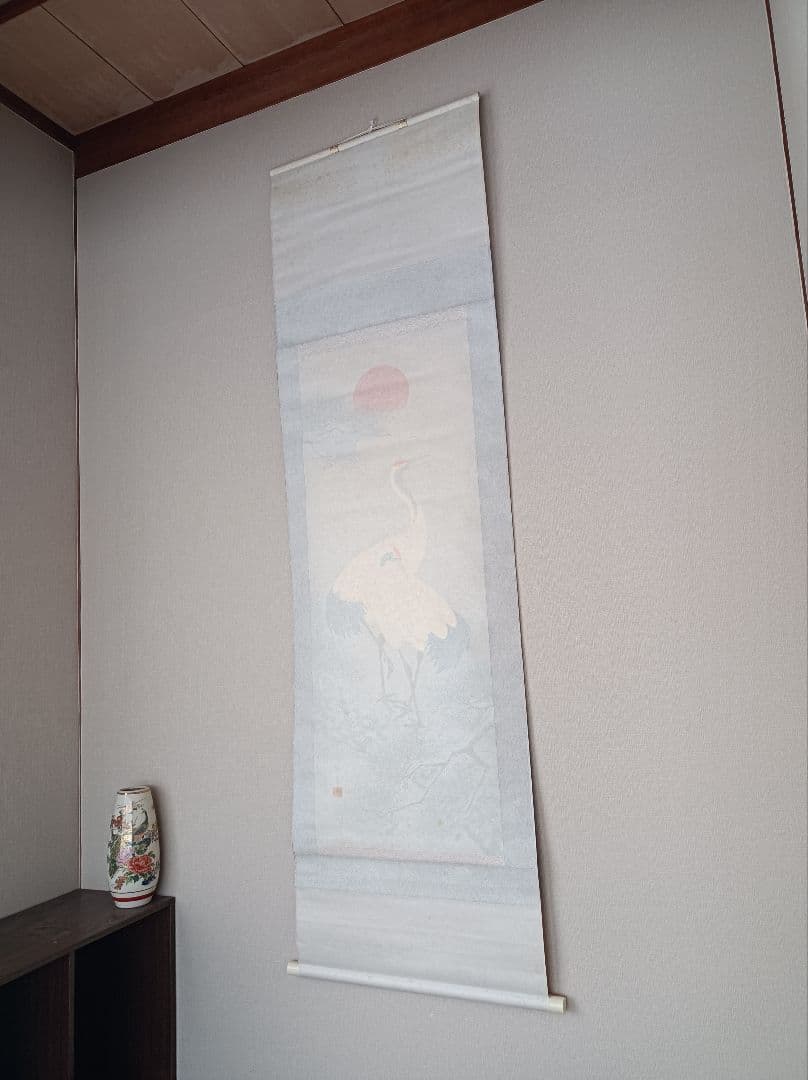 芳泉 豪華 開運 縁起物 おもてなし 軸 絵 鶴 松 日 中国 風水 美術 骨董