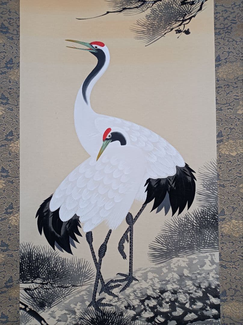 芳泉 豪華 開運 縁起物 おもてなし 軸 絵 鶴 松 日 中国 風水 美術 骨董