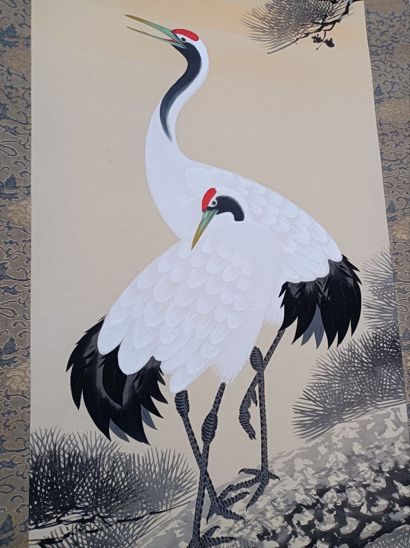 芳泉 豪華 開運 縁起物 おもてなし 軸 絵 鶴 松 日 中国 風水 美術 骨董