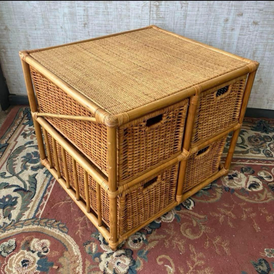 昭和レトロ ラタンチェスト 4段収納ラック 引き出しタンス 箪笥 ランドリー