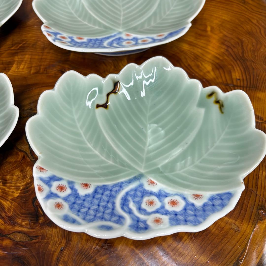 オールド深川製磁　色絵花文変形皿 葉形皿四客 深川製磁　染付　唐草