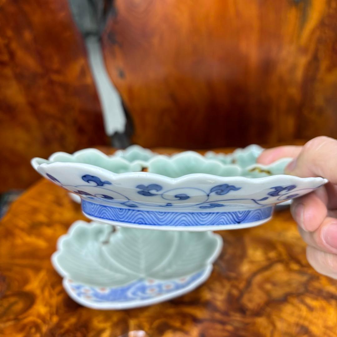 オールド深川製磁　色絵花文変形皿 葉形皿四客 深川製磁　染付　唐草