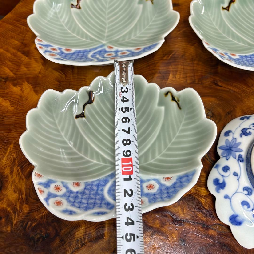 オールド深川製磁　色絵花文変形皿 葉形皿四客 深川製磁　染付　唐草