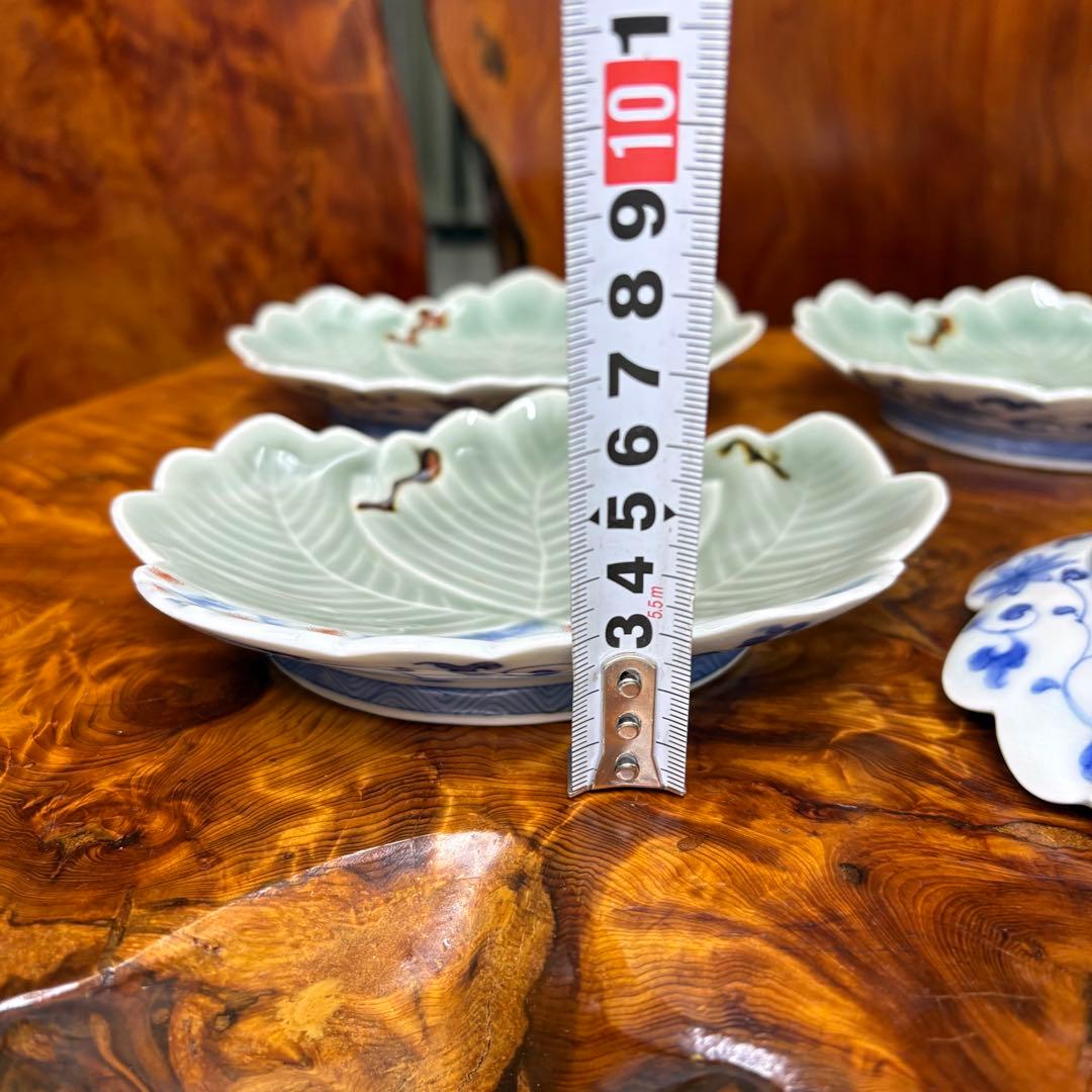 オールド深川製磁　色絵花文変形皿 葉形皿四客 深川製磁　染付　唐草