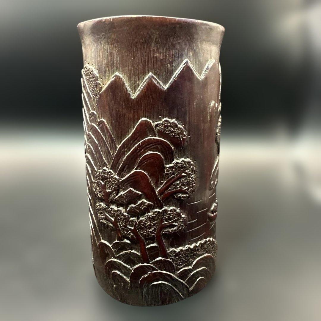 中国，竹彫刻，彫刻，置物，筆入り