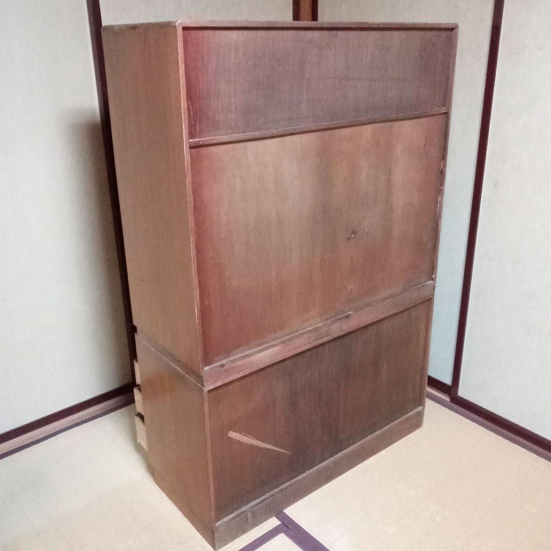 木製茶箪笥　2段重ね　アンティーク(ガラス扉 違い棚 引出)レトロ