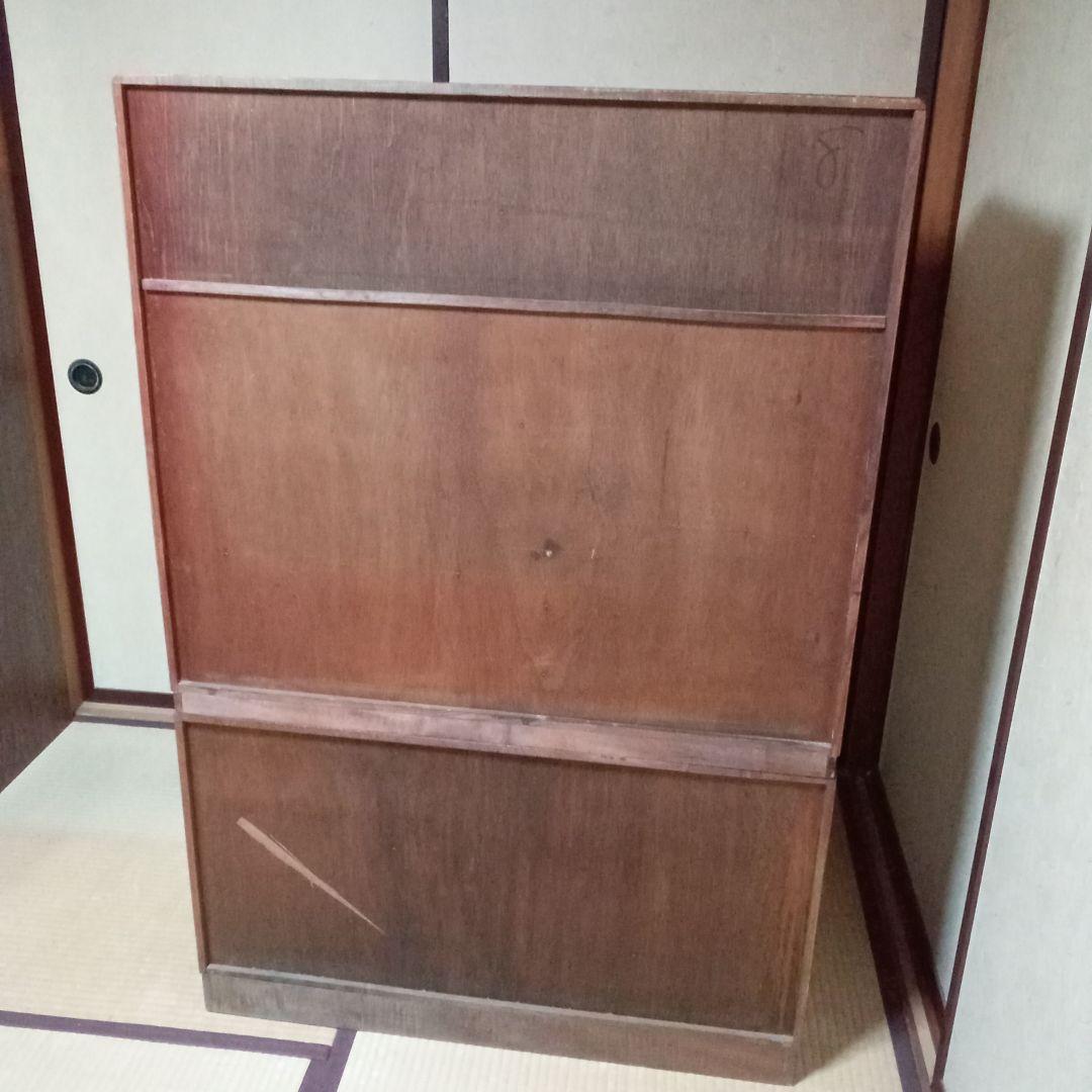 木製茶箪笥　2段重ね　アンティーク(ガラス扉 違い棚 引出)レトロ