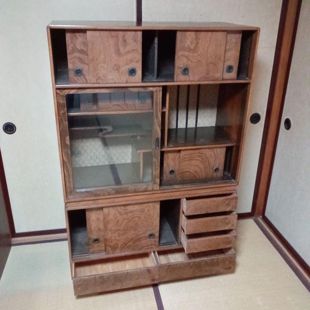 木製茶箪笥　2段重ね　アンティーク(ガラス扉 違い棚 引出)レトロ