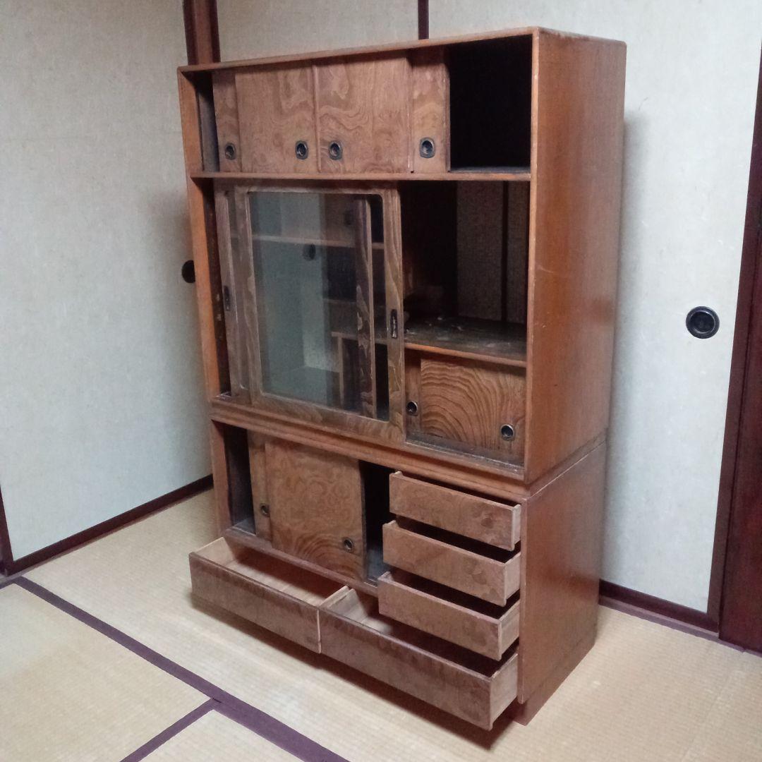 木製茶箪笥　2段重ね　アンティーク(ガラス扉 違い棚 引出)レトロ
