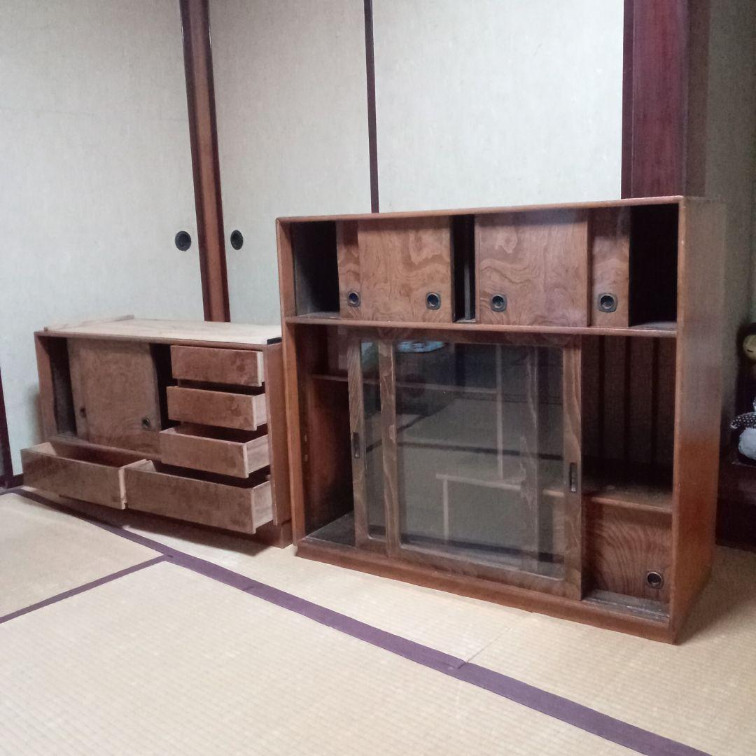 木製茶箪笥　2段重ね　アンティーク(ガラス扉 違い棚 引出)レトロ