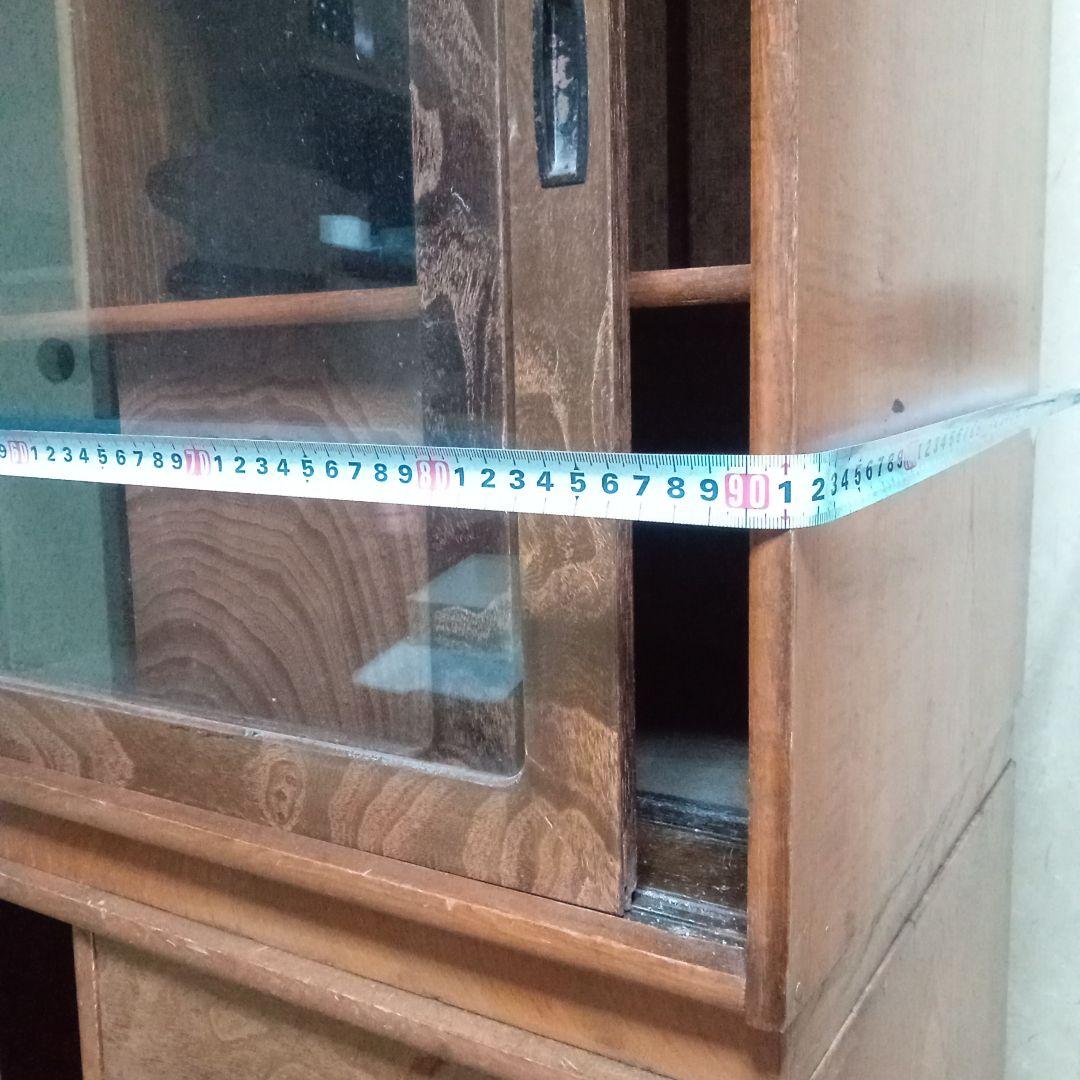 木製茶箪笥　2段重ね　アンティーク(ガラス扉 違い棚 引出)レトロ