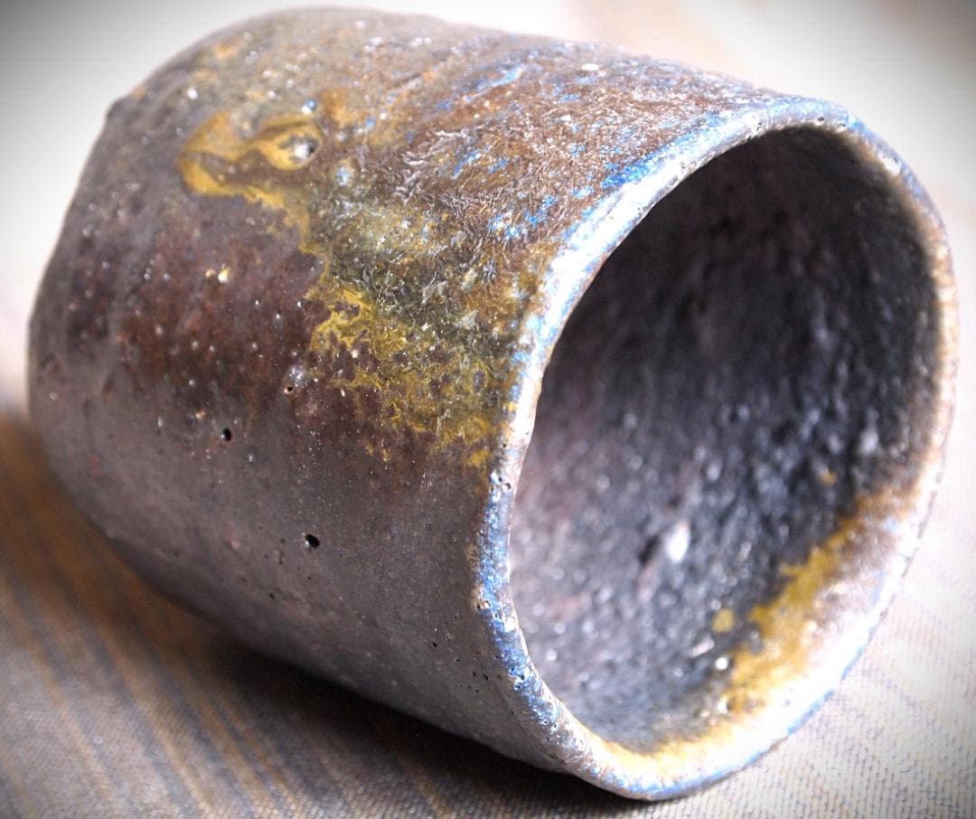 人気作家★森本良信【師：安倍安人】★黒備前【コバルトブルー】湯のみ★合箱