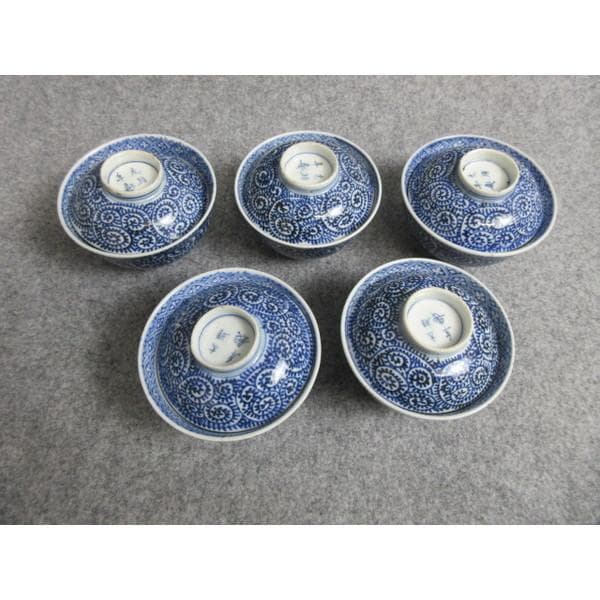 古伊万里太明年製染付蛸唐草蓋茶碗5個 [B28628]