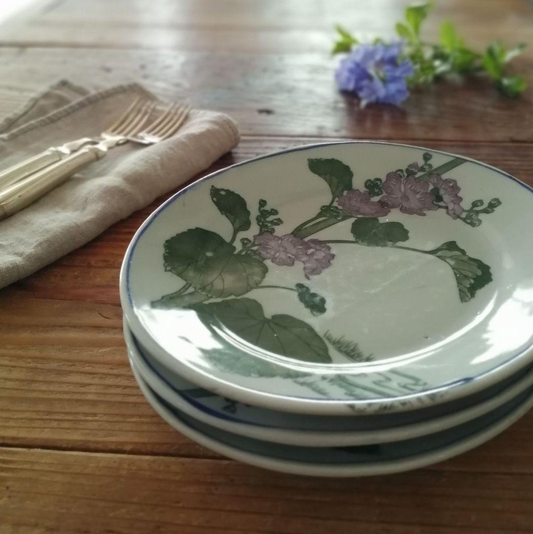 Lucy　明治大正　印判　ゼニアオイ図　オーバル皿　楕円皿　5客