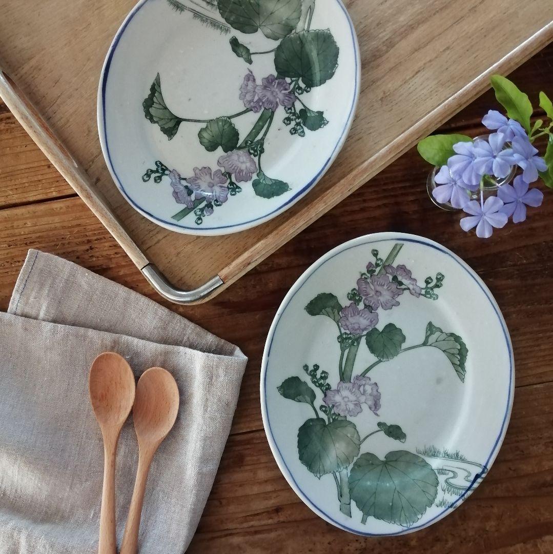 Lucy　明治大正　印判　ゼニアオイ図　オーバル皿　楕円皿　5客