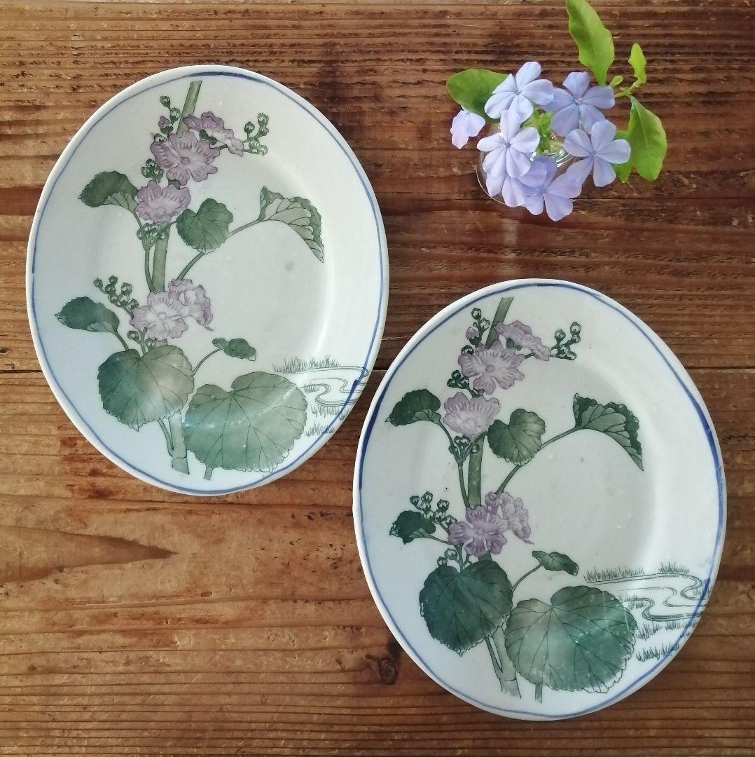 Lucy　明治大正　印判　ゼニアオイ図　オーバル皿　楕円皿　5客