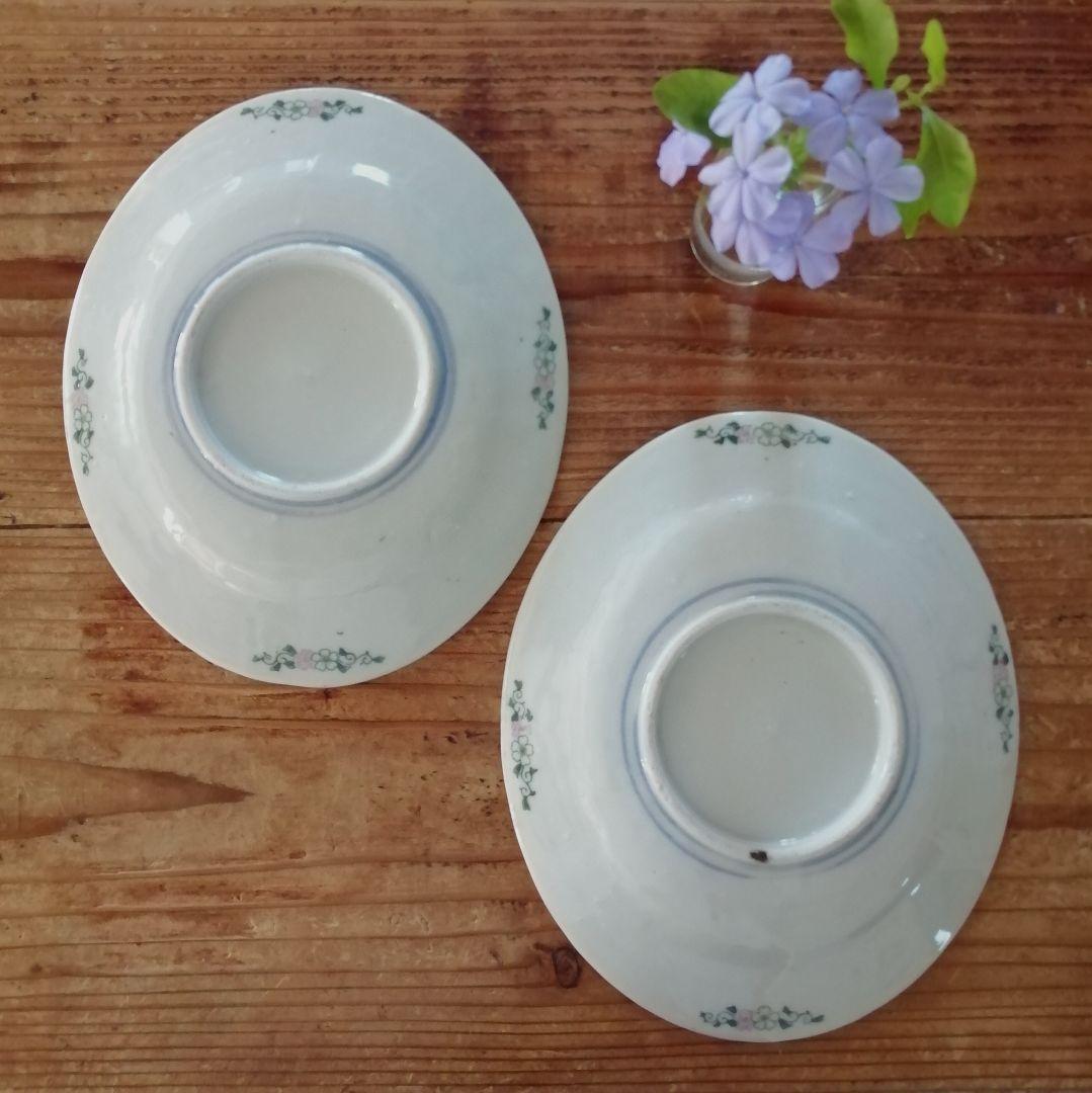 Lucy　明治大正　印判　ゼニアオイ図　オーバル皿　楕円皿　5客