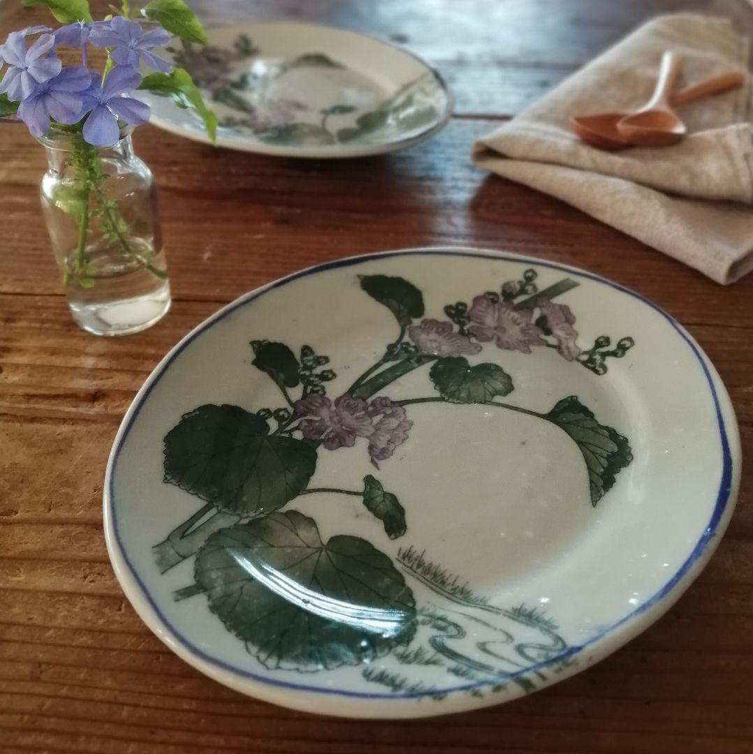 Lucy　明治大正　印判　ゼニアオイ図　オーバル皿　楕円皿　5客