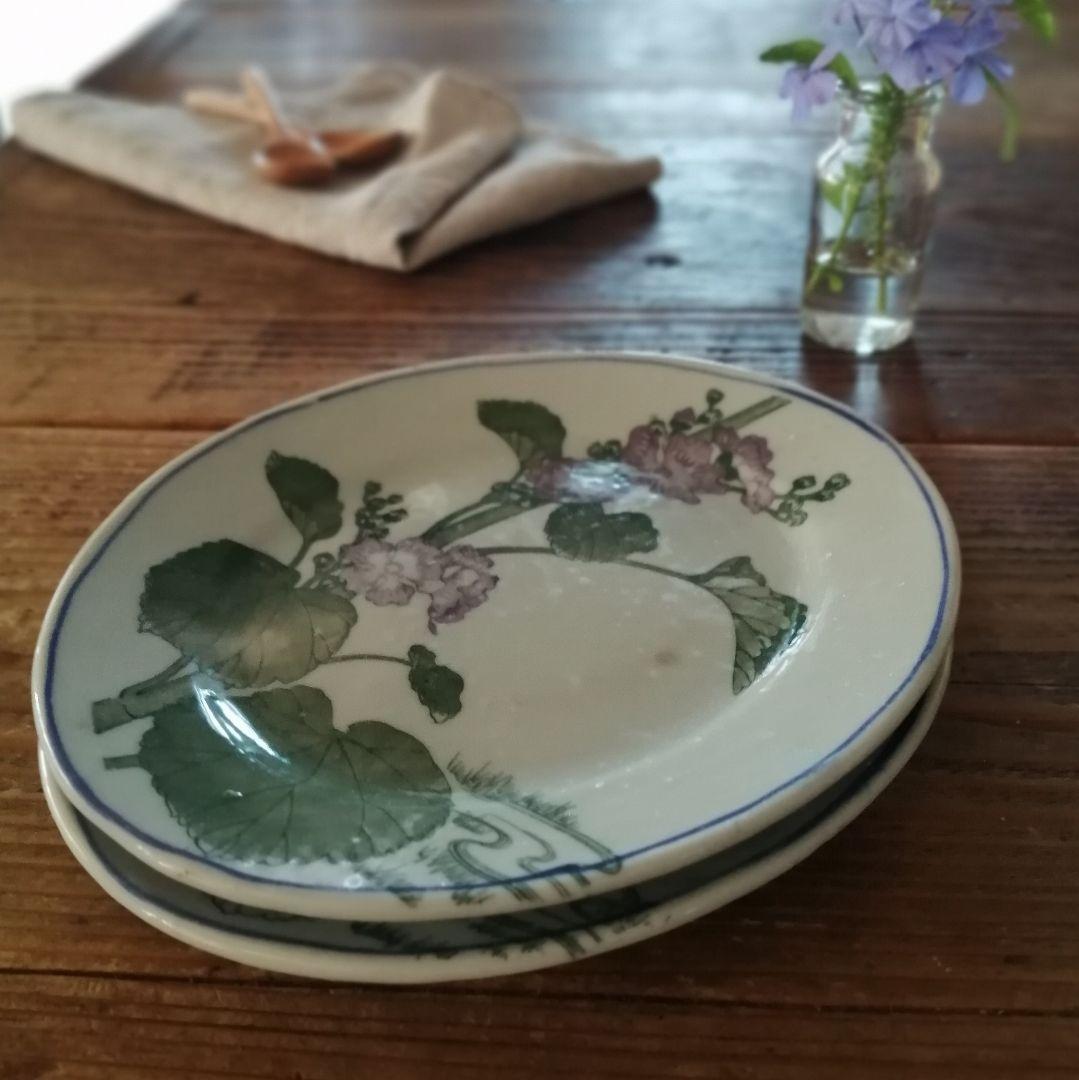 Lucy　明治大正　印判　ゼニアオイ図　オーバル皿　楕円皿　5客