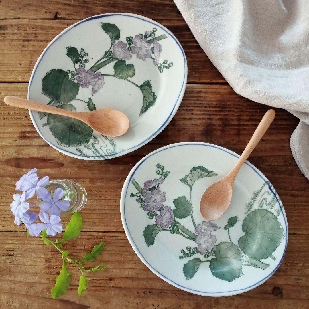 Lucy　明治大正　印判　ゼニアオイ図　オーバル皿　楕円皿　5客