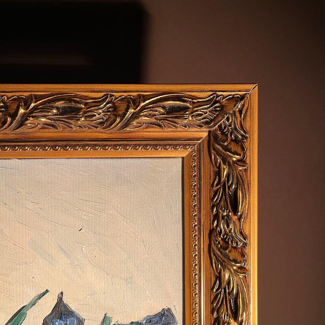 ★秀作★ 手書き油絵 ゴッホ 花瓶のアイリス 肉筆絵画 額付 インテリア 油彩画