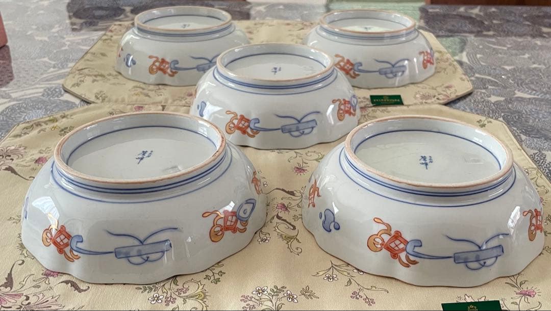 美品✨有田焼　古伊万里　色絵金襴手花鳥図輸花皿　年木谷窯　蒼峰　中皿５枚　鉢