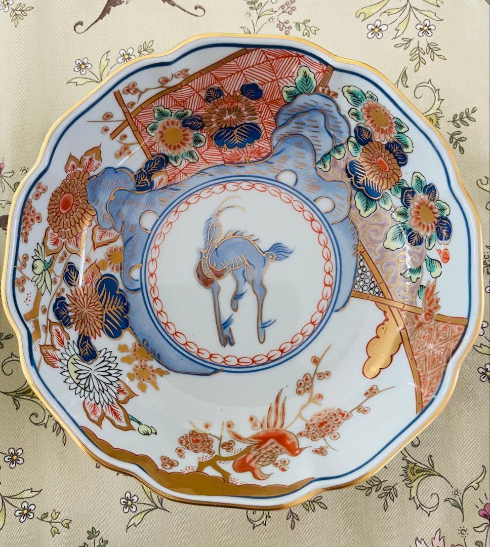 美品✨有田焼　古伊万里　色絵金襴手花鳥図輸花皿　年木谷窯　蒼峰　中皿５枚　鉢