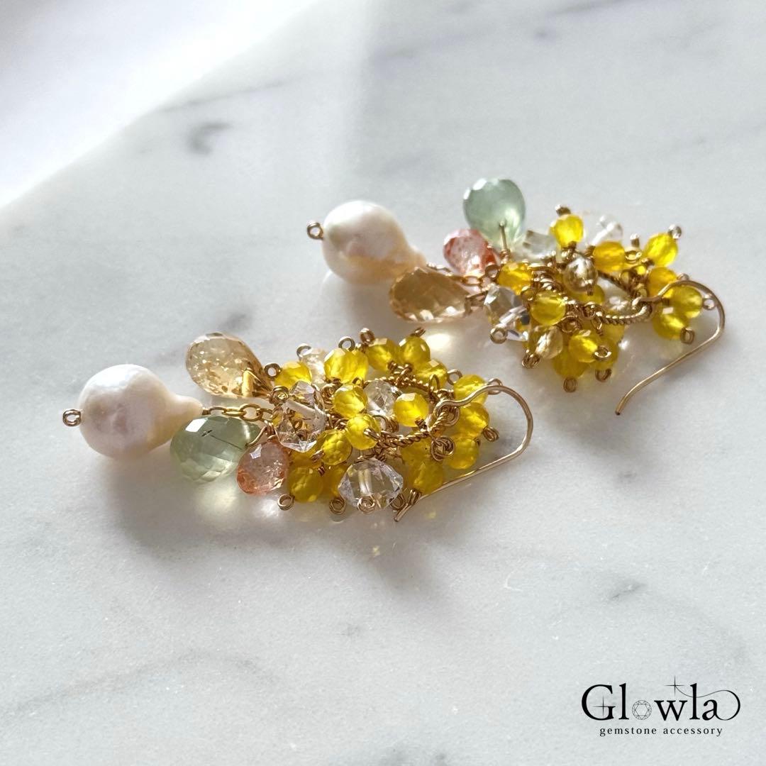 淡水パール・プレナイトのミモザの花束 14kgfピアス/16kgpイヤリング