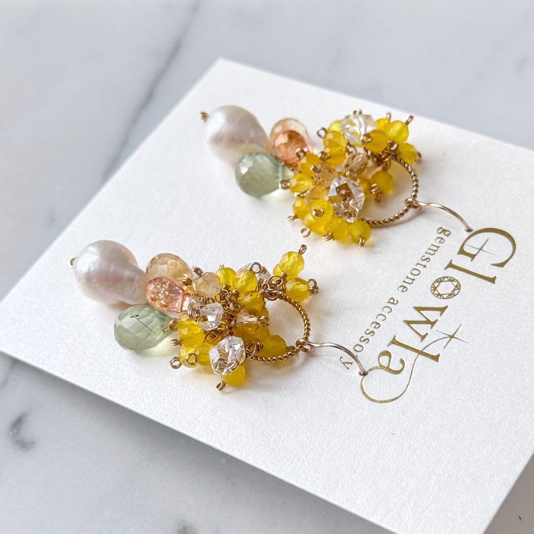 淡水パール・プレナイトのミモザの花束 14kgfピアス/16kgpイヤリング