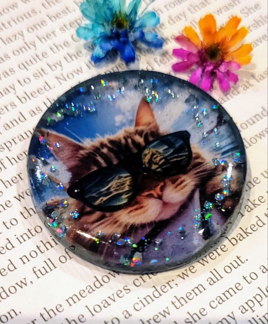 NO.7❤猫 サングラス❤ハンドメイド❤レジンヘアゴム❤ブローチ❤ポニーフック