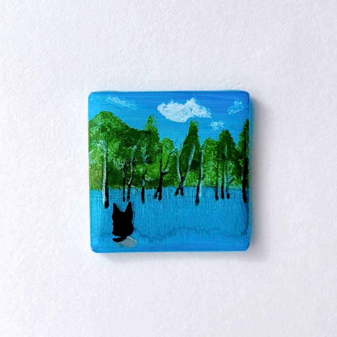 手描き　白金青い池　ヘアゴム　ブローチ　レジン　猫