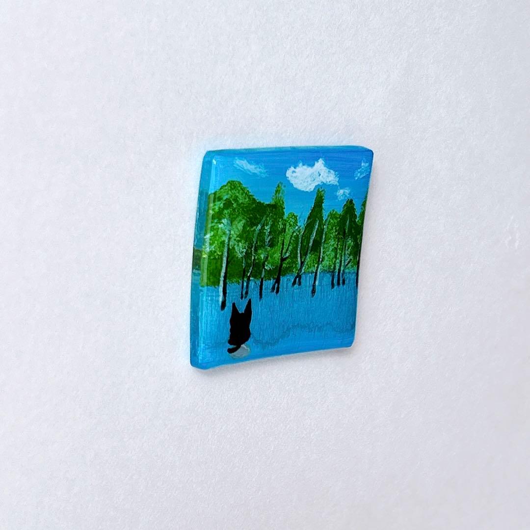 手描き　白金青い池　ヘアゴム　ブローチ　レジン　猫
