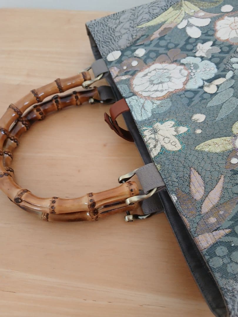 帯リメイクバッグ★ハンドメイド★シルバーグレー地に辻が花・銀糸箔・ 正絹袋帯