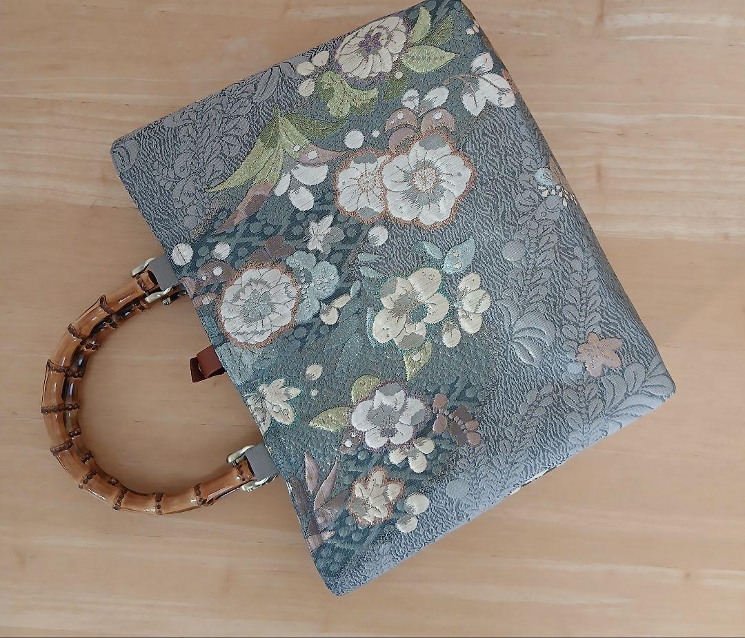 帯リメイクバッグ★ハンドメイド★シルバーグレー地に辻が花・銀糸箔・ 正絹袋帯