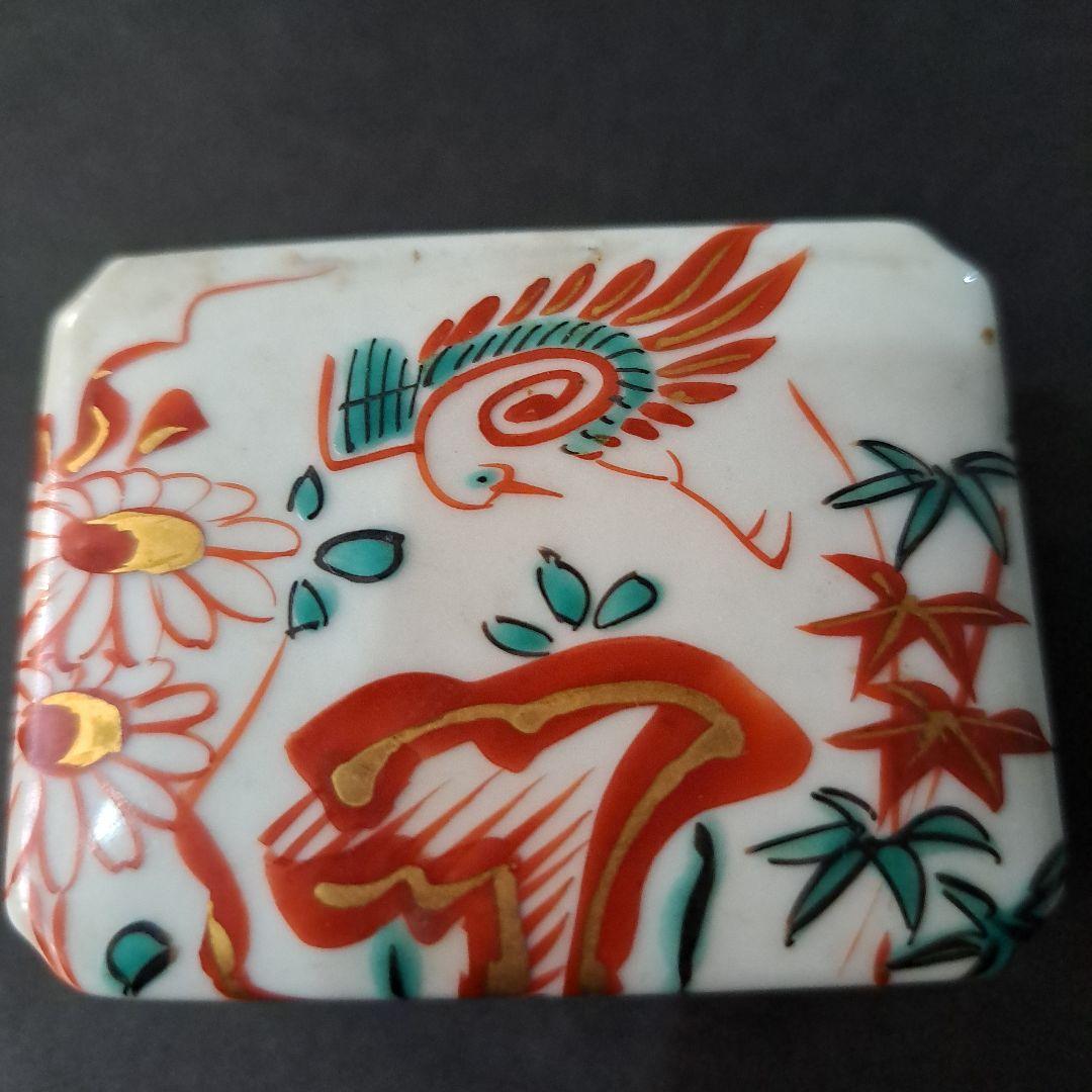 煎茶道具　巾合　極上　四隅角切 平安春峰在銘　金彩赤絵　 鳳凰　霊芝　菊、紅葉図