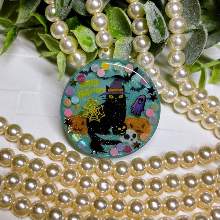 ひなた様お取置きです。レジンヘアゴム ミントなハロウィン 黒猫ちゃんNo.747