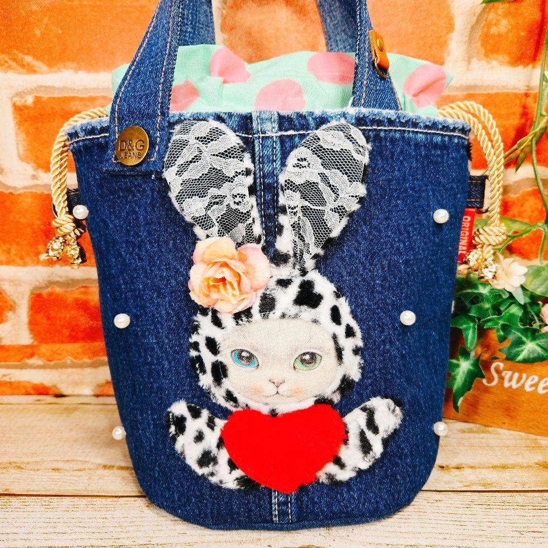 ゆ*ら様 ふわモコ★オッドアイ★デニムリメイク【巾着トートバッグ】コヤンイサムチ