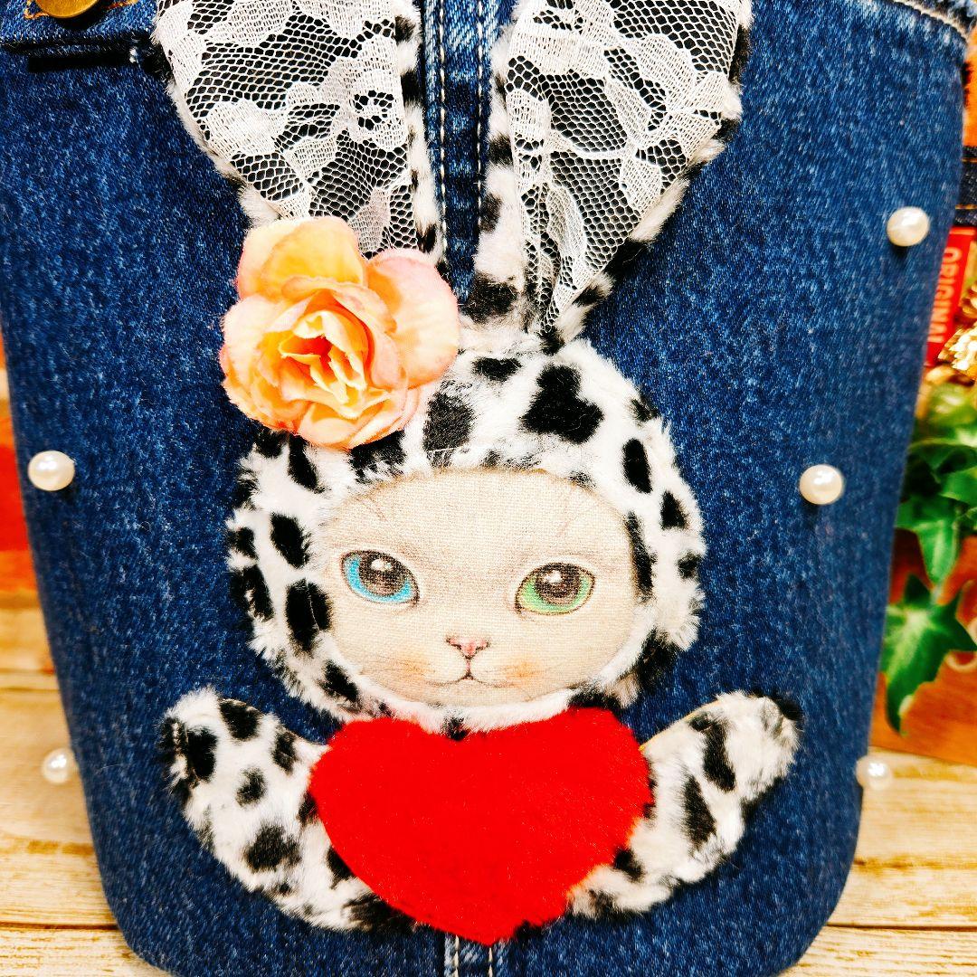 ゆ*ら様 ふわモコ★オッドアイ★デニムリメイク【巾着トートバッグ】コヤンイサムチ