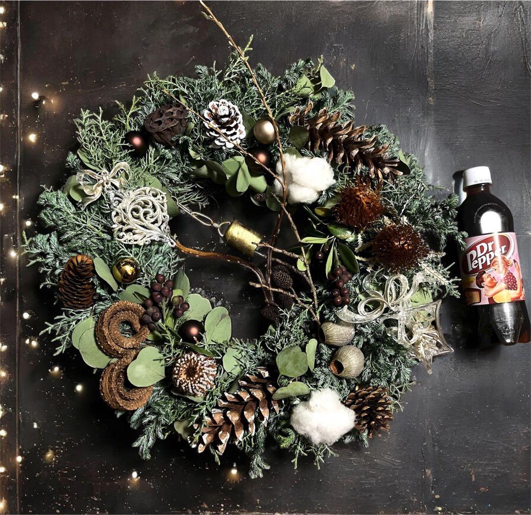 [特大]Xmasフレッシュ針葉樹ベル付ナチュラルドライフラワー 48㎝