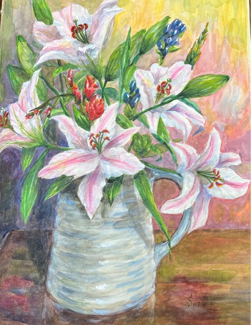 透明水彩画　百合の花(大) 額縁なし