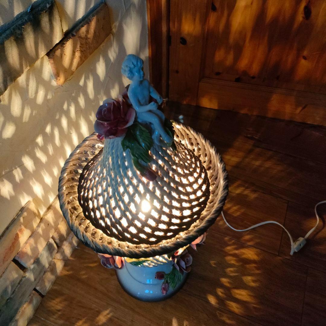 希少 激レア アールヌーヴォー アンティークランプ 陶器 エンジェル 天使 薔薇