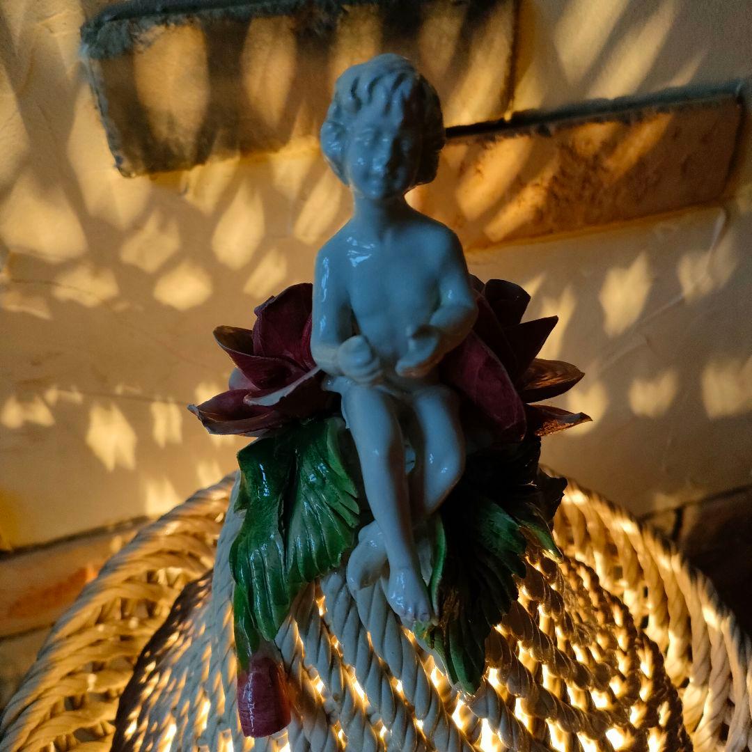 希少 激レア アールヌーヴォー アンティークランプ 陶器 エンジェル 天使 薔薇