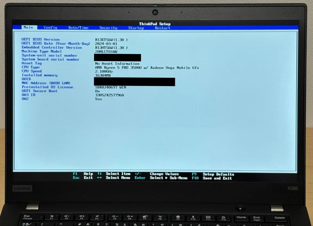 Windowsノート本体 ThinkPad X395 (Ryzen5/16GB/256GB/FHD)