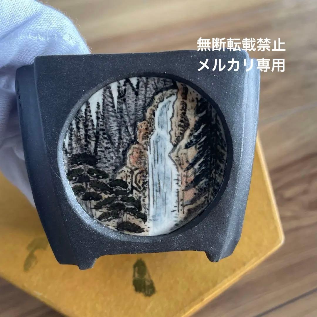 ミニ盆栽鉢　小品盆栽　桑津香石　絵鉢　梅　滝　山野草