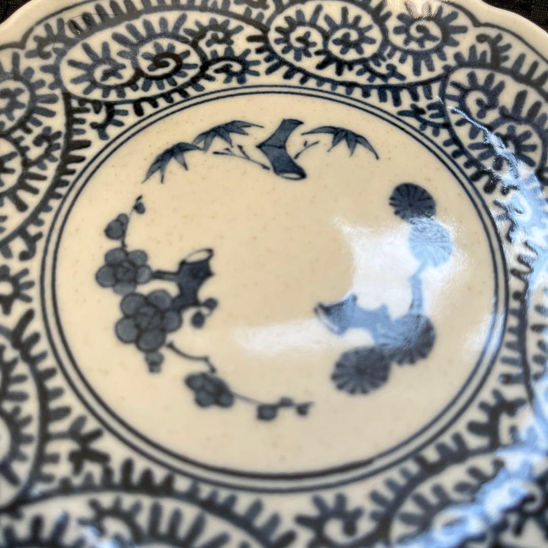 美濃焼　龍峰窯　古伊万里　松竹梅　染付　蛸唐草文様　小皿　輪花皿　 銘々皿　4枚