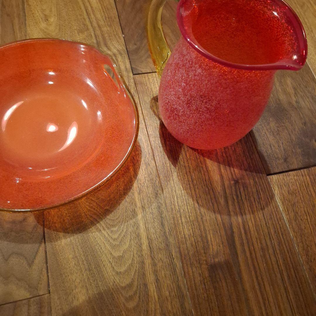 琉球ガラス　泡ガラス　フルーツ皿とピッチャー