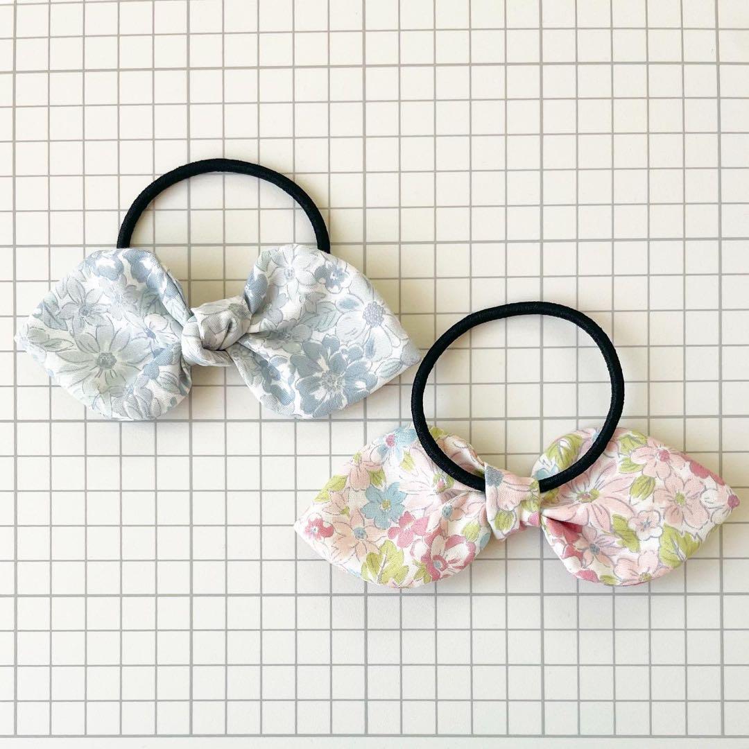 うさみみリボン　ヘアゴム　3こセット　花柄　パステルカラー　ピンク　パープル