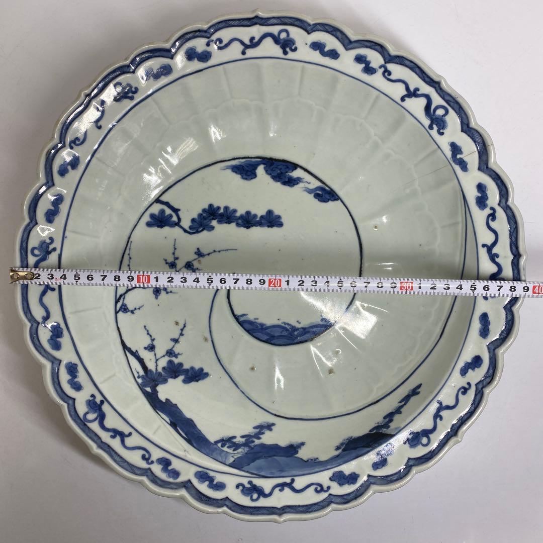 江戸中期 染付花唐草大皿 木箱付 w39cm 東キ7-1004② タサオ