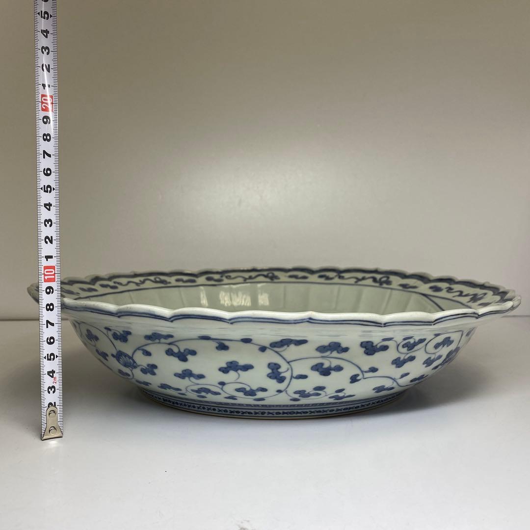 江戸中期 染付花唐草大皿 木箱付 w39cm 東キ7-1004② タサオ
